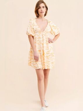 Girl & The Sun Marlow Mini Dress Orange White Wave Print Puff Sleeve Tiered